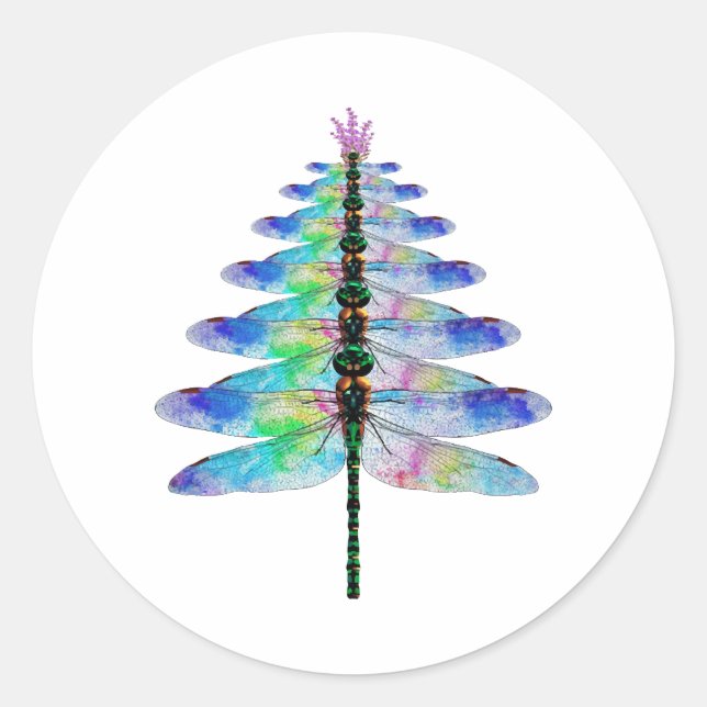 Funny Dragonfly Christmas Tree Classic Round Sticker (Front)