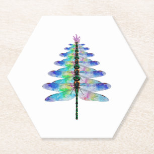 Funny Dragonfly Christmas Tree Paper Coaster