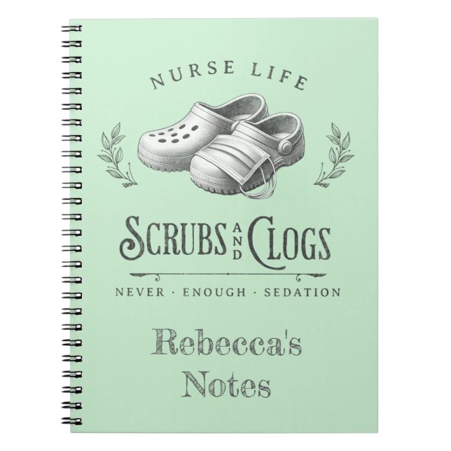 Funny drawing of Scrubs & Clogs personalised Nurse Notebook (Front)