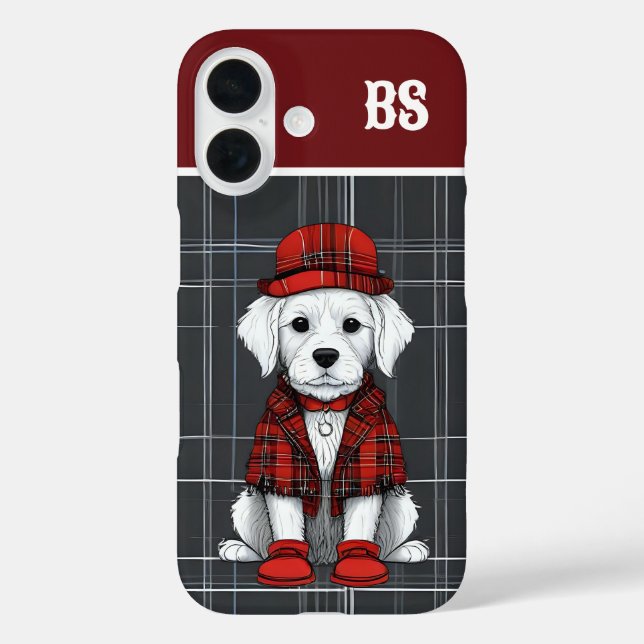 funny dressed up scottish dog - monogram - plaid Case-Mate iPhone case (Back)
