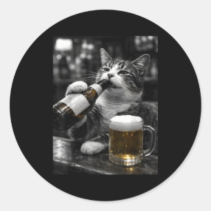 Funny drinking cats at bar white black vintage classic round sticker