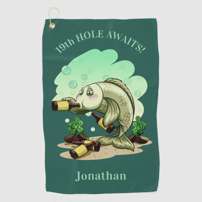 Funny Drinking Fish custom text & colour golf Golf Towel (Front)
