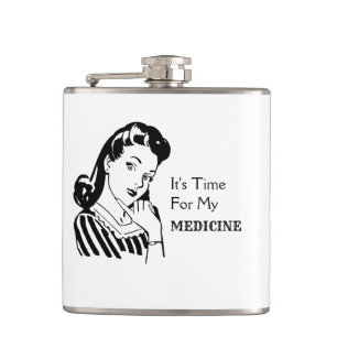 Funny Drinking Quote Retro Woman Time For Medicine Hip Flask