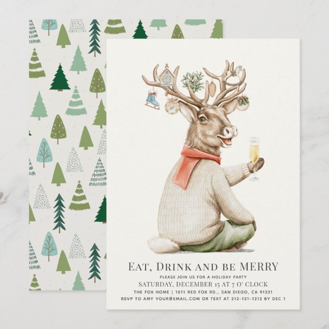 Funny Drinking Reindeer Ornament Christmas Holiday Invitation (Front/Back)