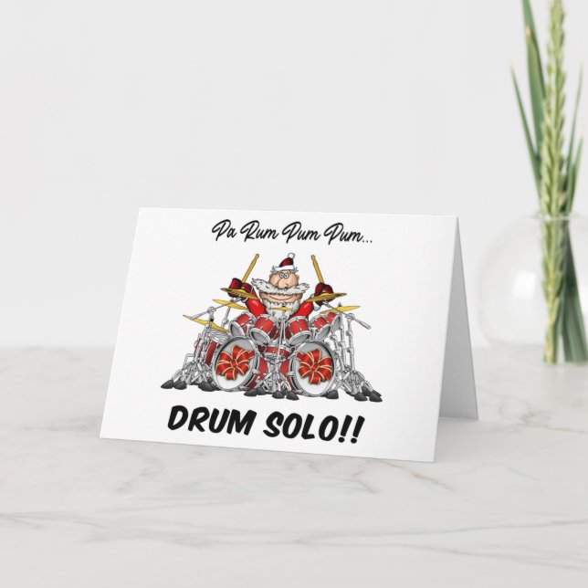 Funny Drummer Santa Christmas Rock & Roll Drum Holiday Card (Front)