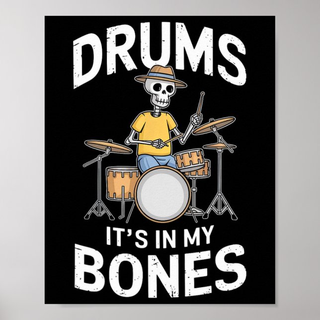 Funny Drummer Skeleton Playing Drums  Poster (Front)