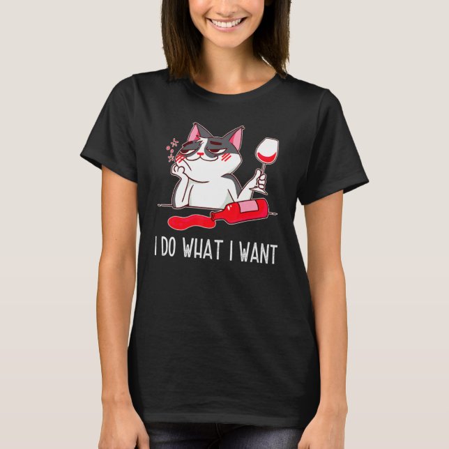 Funny Drunk Cat Drinking Wine T-Shirt (Front)