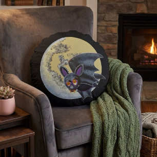 Funny Drunk Halloween Full Moon Bat Round Cushion