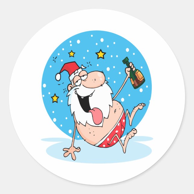 funny drunk santa on vacation classic round sticker (Front)