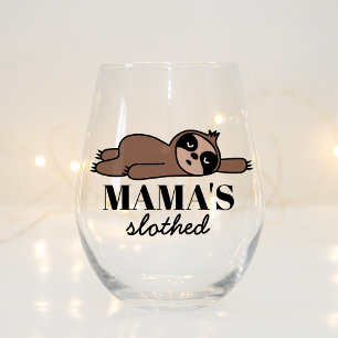 Funny Drunk Sloth Gift For Mom Who Loves Drinking Stemless Wine Glass