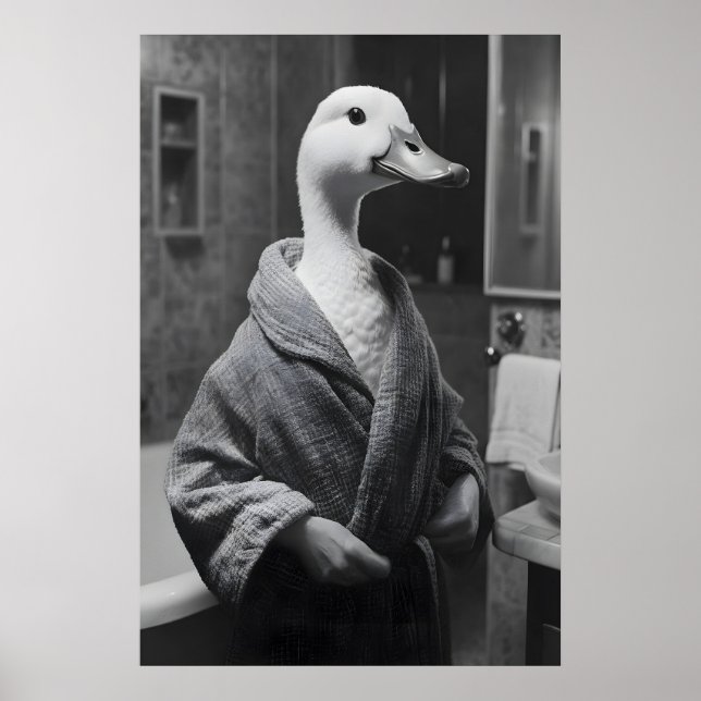 Funny Duck in Bathrobe Print, Quirky Bathroom Wall Poster (Front)