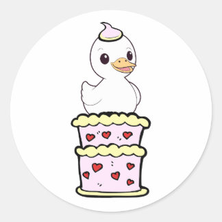 Funny Duck jumping out of a cake Classic Round Sticker