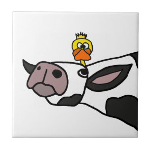 Funny Duck on a Cow Cartoon Tile
