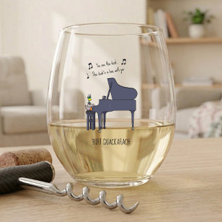 Funny Duck Piano Player Burt Quackarach Artwork Stemless Wine Glass
