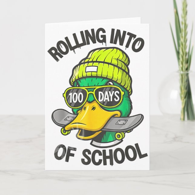 Funny Duck Skateboard 100 Days Of School Outfit  Card (Front)