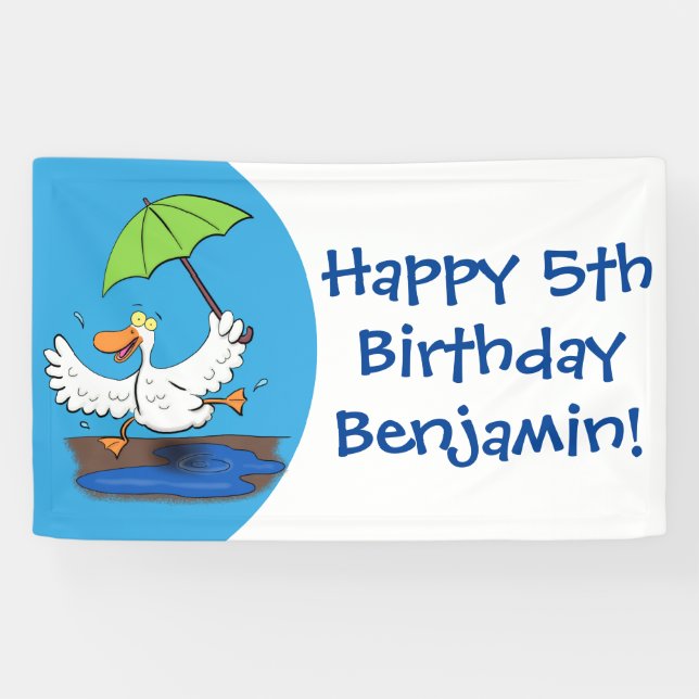 Funny duck with umbrella dancing cartoon banner (Horizontal)