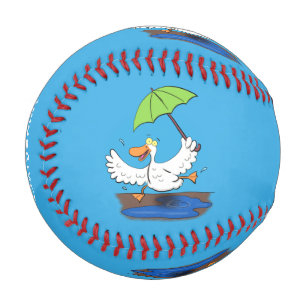Funny duck with umbrella dancing cartoon baseball