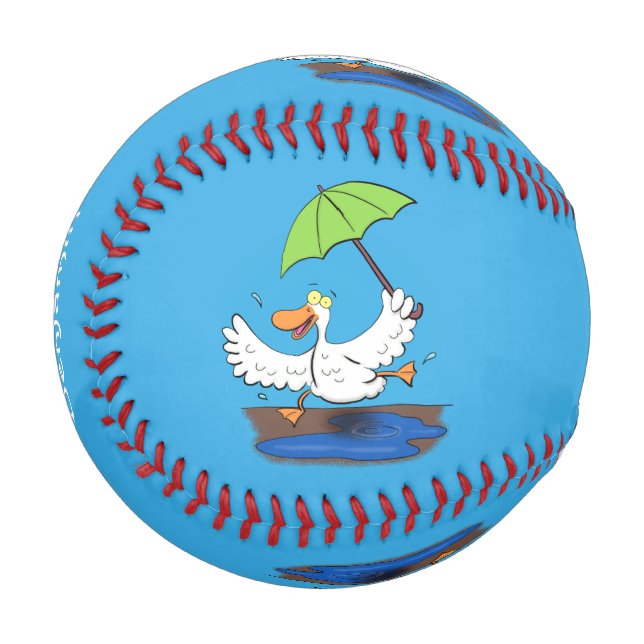 Funny duck with umbrella dancing cartoon baseball (Front Left)