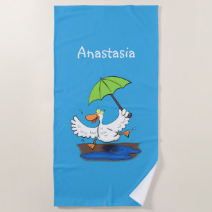 Funny duck with umbrella dancing cartoon beach towel