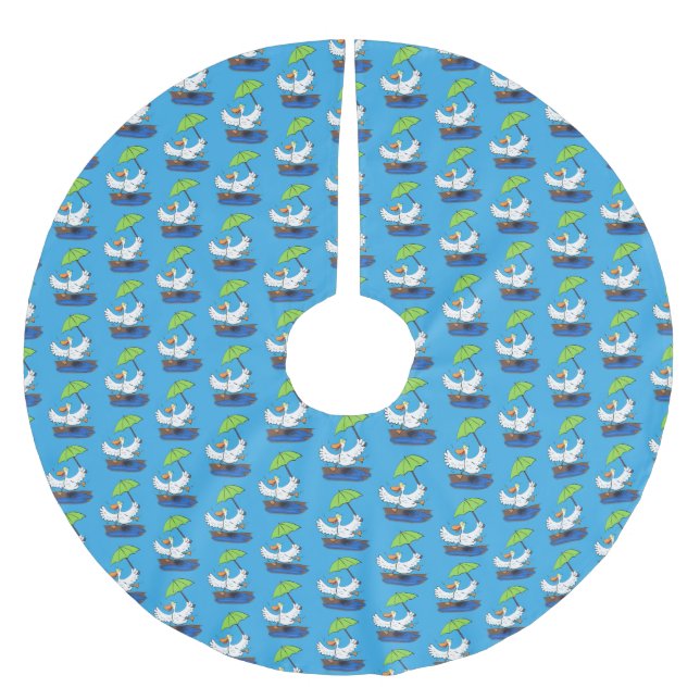 Funny duck with umbrella dancing cartoon brushed polyester tree skirt (Front)