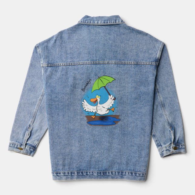 Funny duck with umbrella dancing cartoon denim jacket (Back)