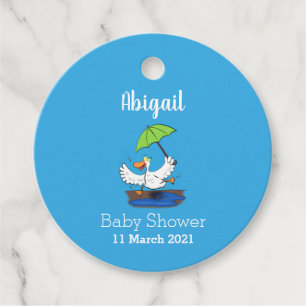 Funny duck with umbrella dancing cartoon favour tags