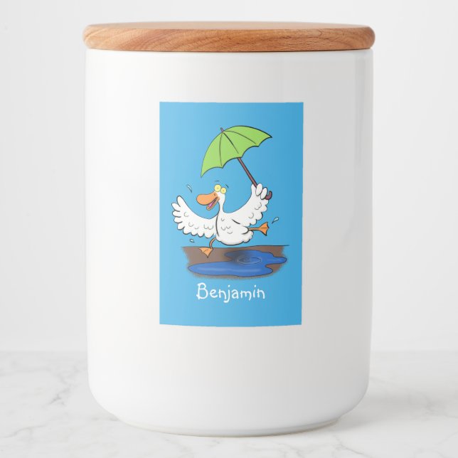Funny duck with umbrella dancing cartoon food label (Front)