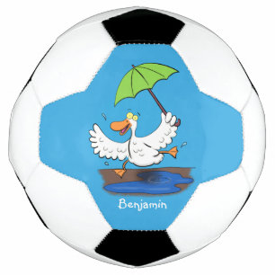 Funny duck with umbrella dancing cartoon football