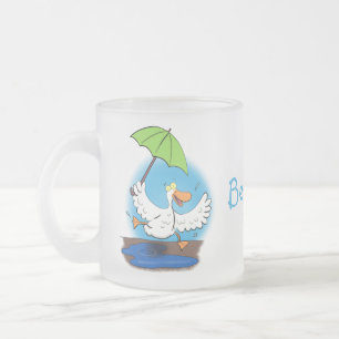 Funny duck with umbrella dancing cartoon frosted glass coffee mug