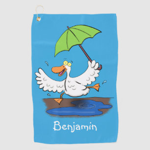 Funny duck with umbrella dancing cartoon  golf towel