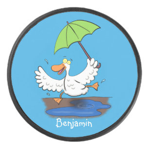 Funny duck with umbrella dancing cartoon hockey puck