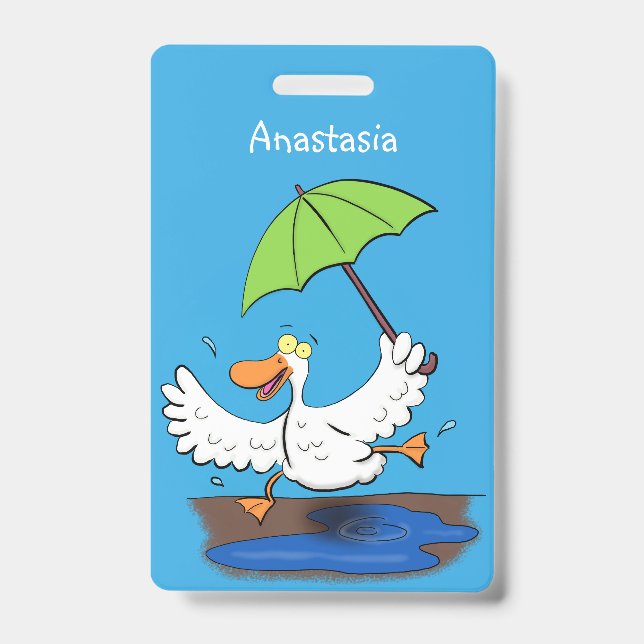 Funny duck with umbrella dancing cartoon ID badge (Front)
