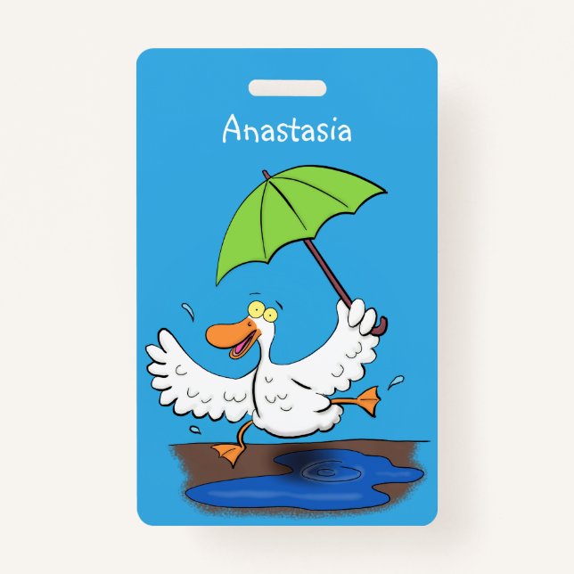 Funny duck with umbrella dancing cartoon ID badge (Front)