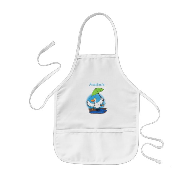 Funny duck with umbrella dancing cartoon kids apron (Front)