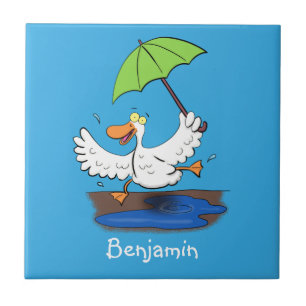 Funny duck with umbrella dancing cartoon tile