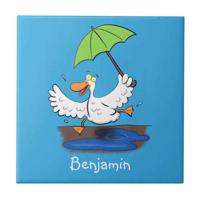 Funny duck with umbrella dancing cartoon tile (Front)