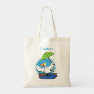 Funny duck with umbrella dancing cartoon tote bag