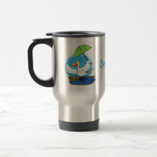 Funny duck with umbrella dancing cartoon travel mug