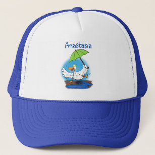 Funny duck with umbrella dancing cartoon trucker hat