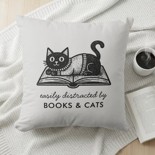 Funny Easily Distracted by Books and Cats Cushion