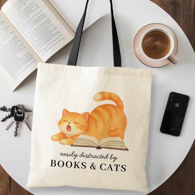 Funny Easily Distracted by Books & Cats  Tote Bag (Creator Uploaded)