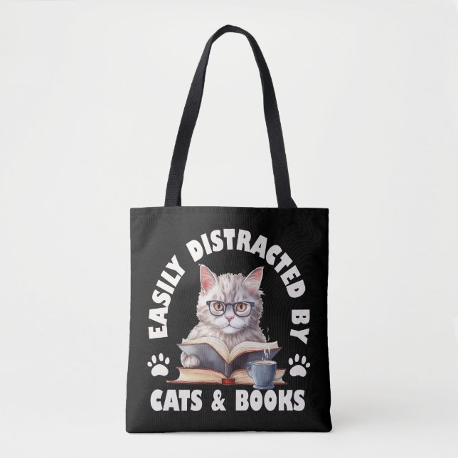 Funny Easily Distracted By Cats And Books Tote Bag (Front)