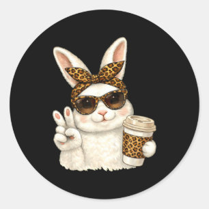 Funny easter bunny face glasses bandanna leopard classic round sticker