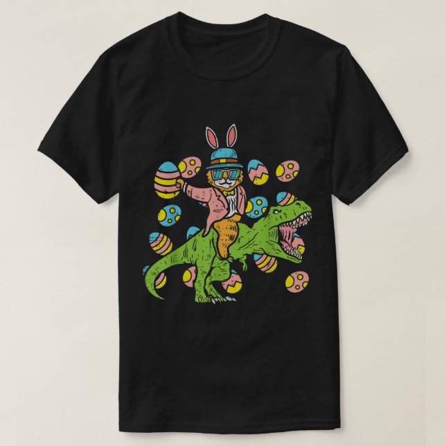 Funny Easter Bunny Riding T-Rex T-Shirt (Design Front)