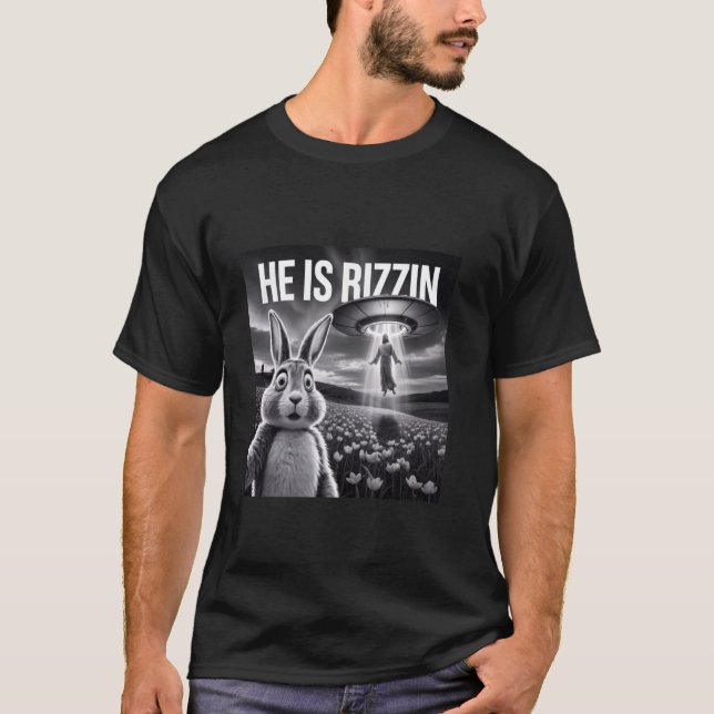 Funny Easter Bunny Selfie He Is Rizzin Jesus UFO S T-Shirt (Front)