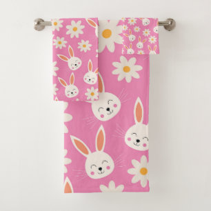 Funny Easter Bunny with White Flowers on Pink Bath Towel Set