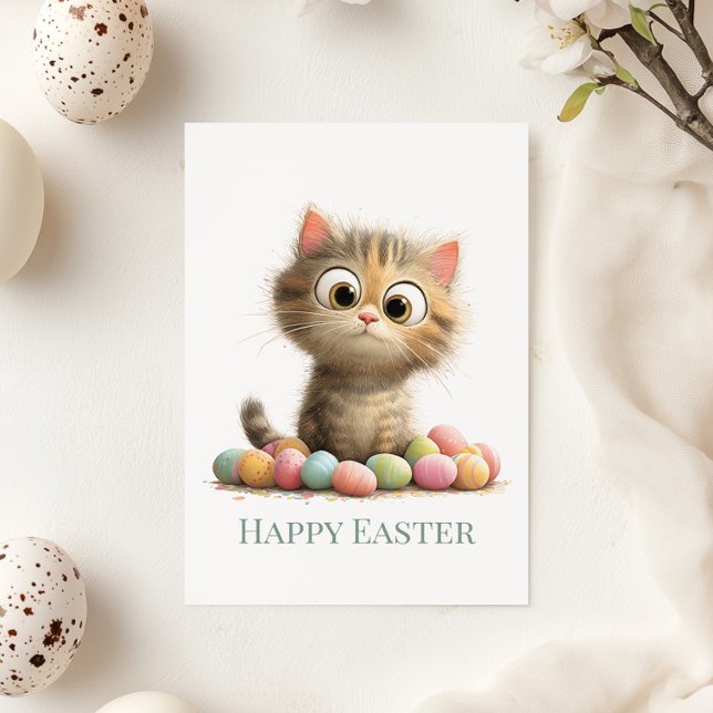 Funny Easter Cat Flat Greeting Card (Funny Easter Cat Flat Greeting Card on a sunny table with Easter and Spring decor)