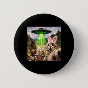 Funny Easter Cat Selfie with Bigfoot and UFO 6 Cm Round Badge