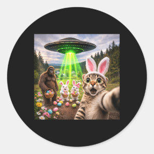 Funny Easter Cat Selfie with Bigfoot and UFO Classic Round Sticker