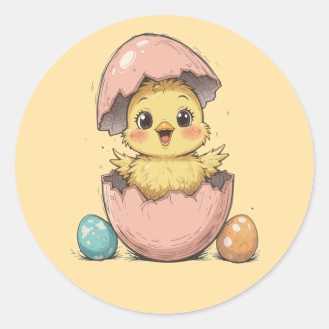 Funny Easter Chick in Cracked Egg Classic Round Sticker (Front)